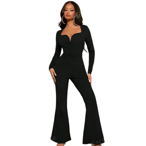 SHEIN Women's Black Sweetheart Neck Flare Leg Jumpsuit Size L - Picture 1 of 3